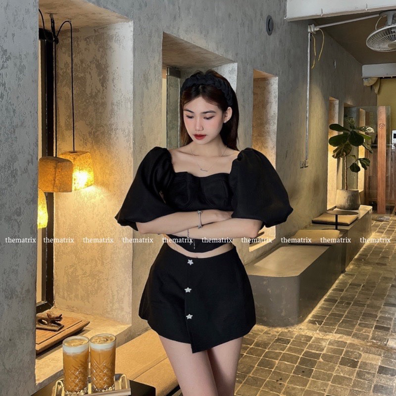 Set trễ vai tay phồng 3 cúc cv gava