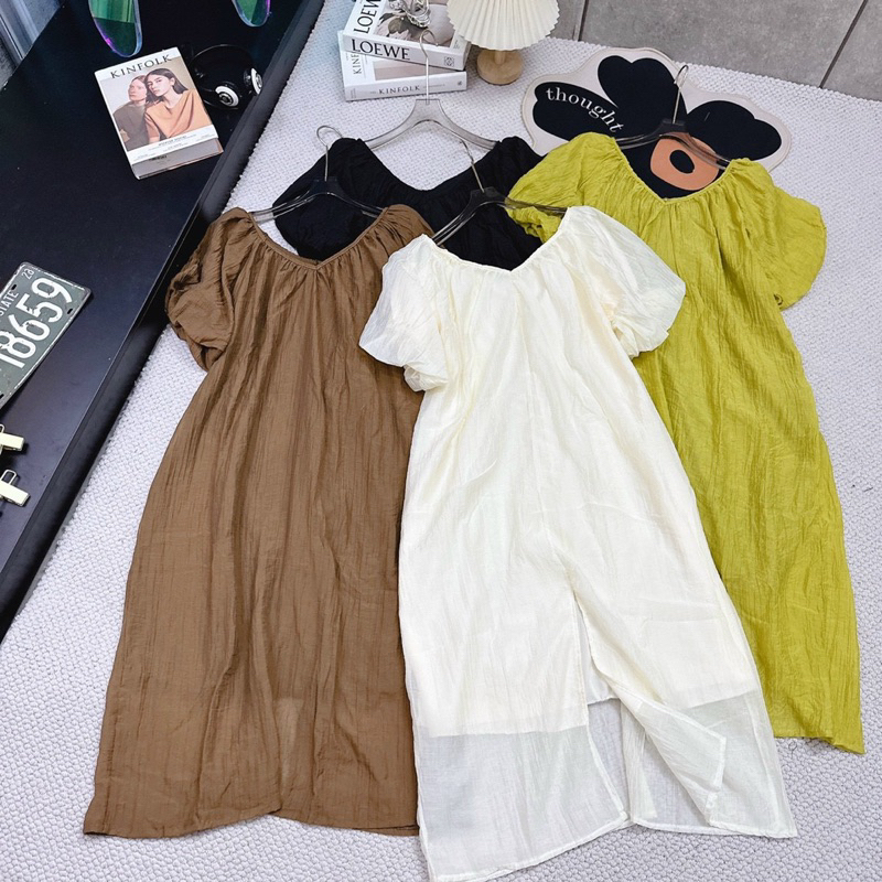 Đầm Đũi Tơ Nhăn Tay Bồng Cổ V Siêu Mát Mã QT028