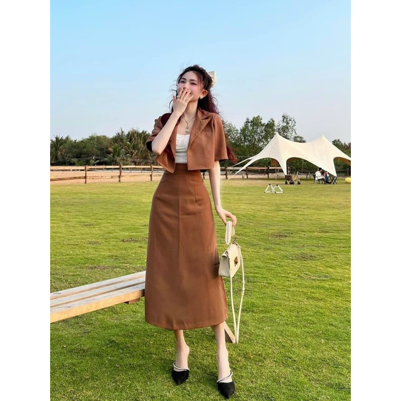 Set 3CT áo vest mix chân váy midi kèm áo quây