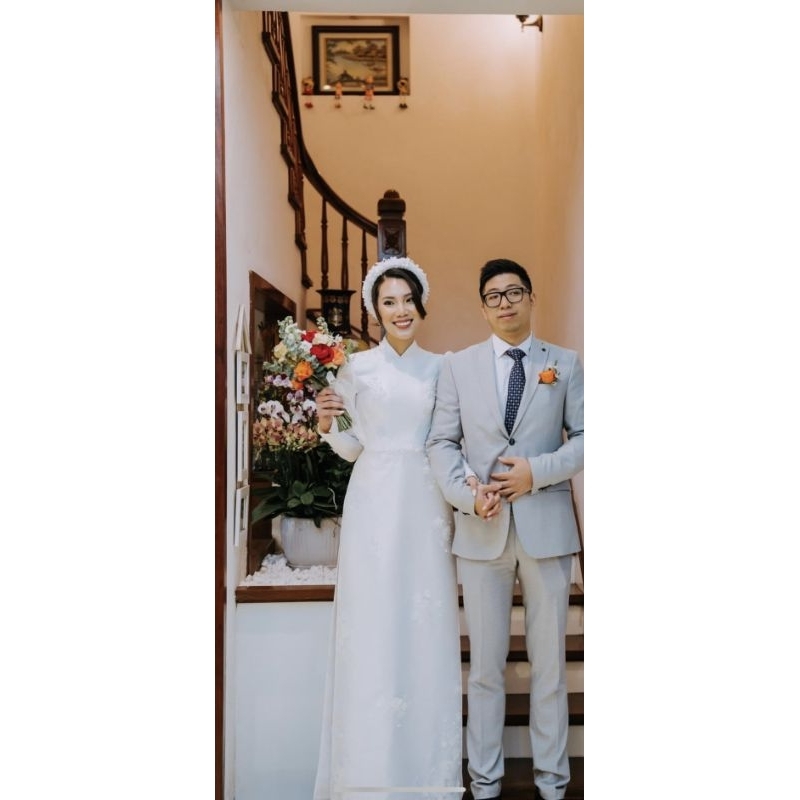 Áo dài cô dâu tay phồng đính hoa siêu đẹp