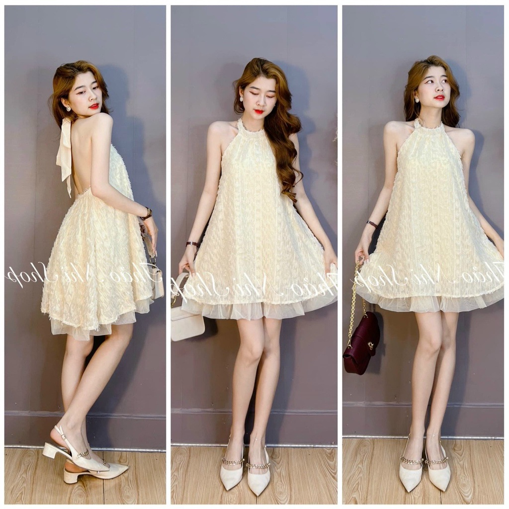 Đầm xô lông thời trang nữ dự tiệc cổ yếm cợt nơ sau váy xoè maxi phối ren