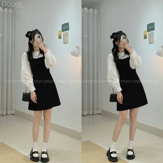 [D0055] Đầm váy yếm phối liền sơ mi trắng cổ tàu tay nhún phồng form vừa phong cách ulzzang (Có sẵn/ảnh thật)