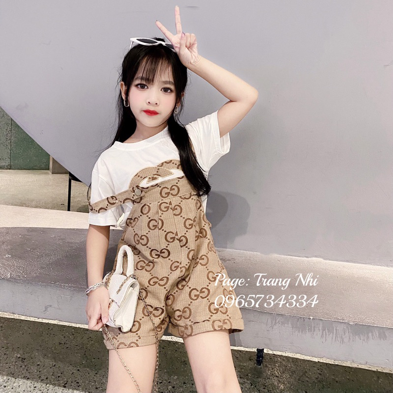 Sét bộ áo phông gucci + quần yếm kaki gấm cho bé gái size đại 16-40kg siêu xinh