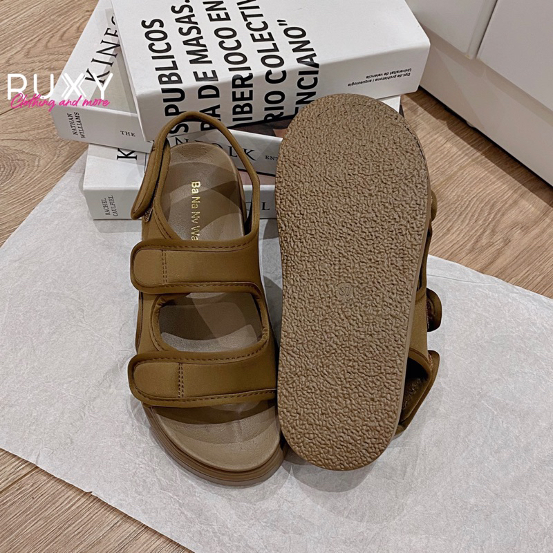 Xăng Đan Nữ 2 Quai Dán Vải Chống Thấm Nước Đế Cao Su 3cm Ruxy Đen_Nâu  G98180