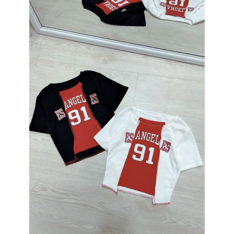 Áo thun tay ngắn croptop in ENGEL số 91 phong cách thể thao