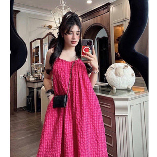 Đầm Hai Dây Kẻ Hồng Dáng Suông Dài Ly Ngực, Váy Đi Biển Chất Kẻ Xốp Mặc Mát Có Sẵn Lekemqc