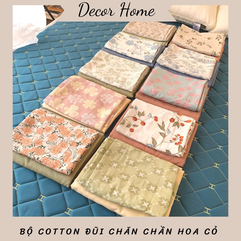 Bộ ga gối và chăn chần hè thu Cotton Đũi Cao Cấp hoạ tiết Hoa Cỏ nhẹ nhàng xinh xắn