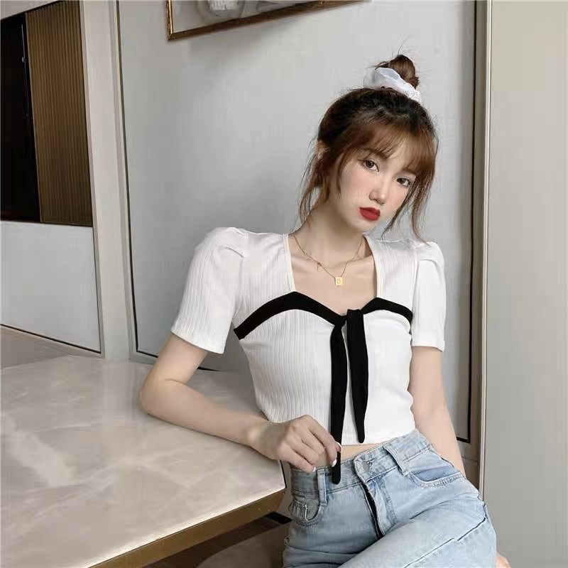 Áo croptop nữ kiểu dây nơ gân Xương Cá phối màu