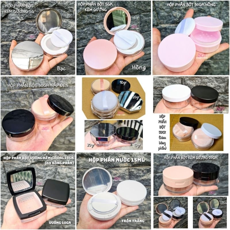 (kèm bông phấn)HỘP PHẤN BỘT 5gr/10gr/20gr/30gr/50gr + HỘP PHẤN NƯỚC 15ml + Bông phấn