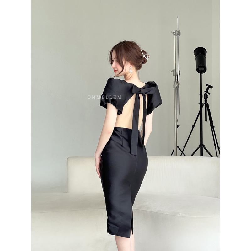Mell14 dress - Váy dài cột nơ tay bồng hở lưng sang chảnh Onmellem