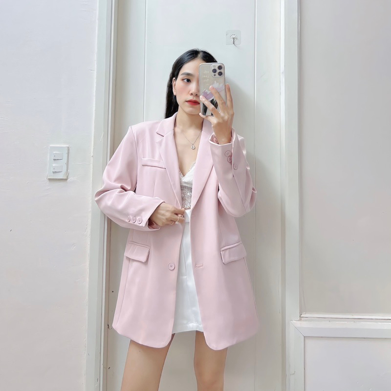 Áo khoác blazer màu hồng phấn oversize phong cách Hàn Quốc – Bản cao cấp