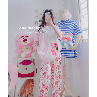 Set áo thun form rộng phối màu gấu dâu + quần suông dễ thương ( ảnh thật +video )