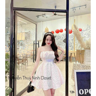 Đầm hotnew  gấm dây cườm 2 dây phồng bèo xoắn ngực