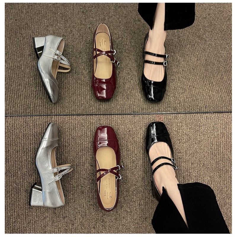 Giày búp bê nữ da bóng mũi tròn quai chéo đế cao 2cm