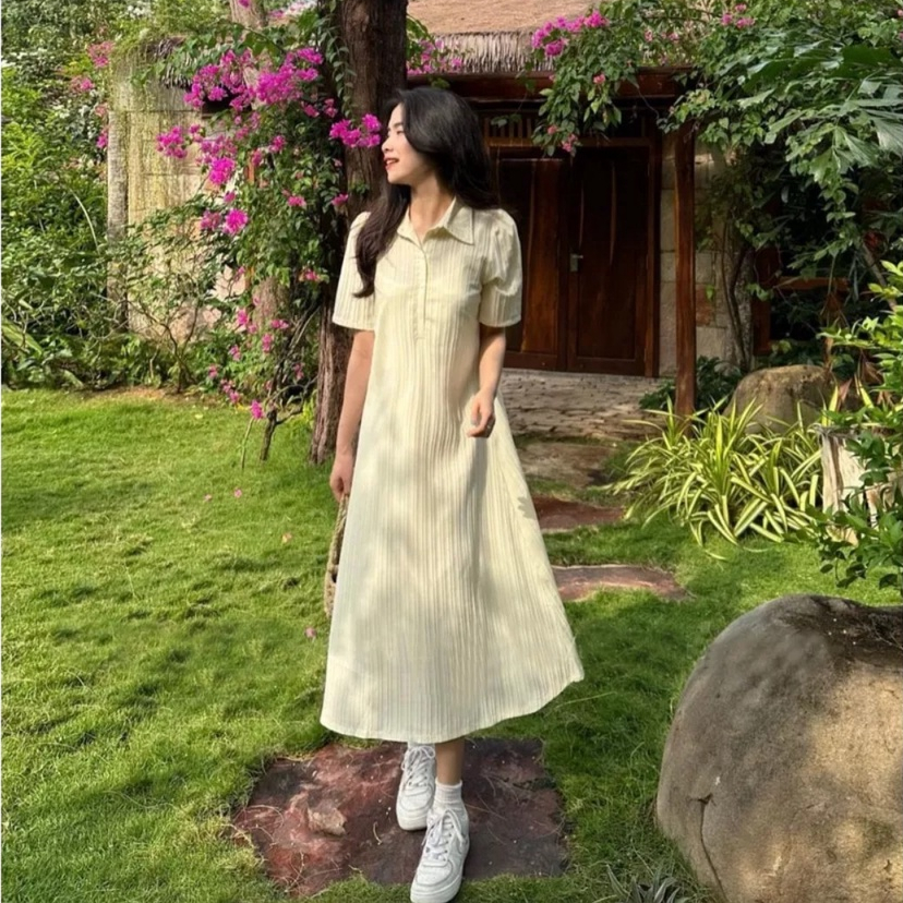Set Váy Polo Dáng Dài Kèm Váy Hai Dây Lụa, Đầm Sơ Mi Gân Cổ Đức Tay Ngắn Bồng Nhẹ Nhàng, Labibi