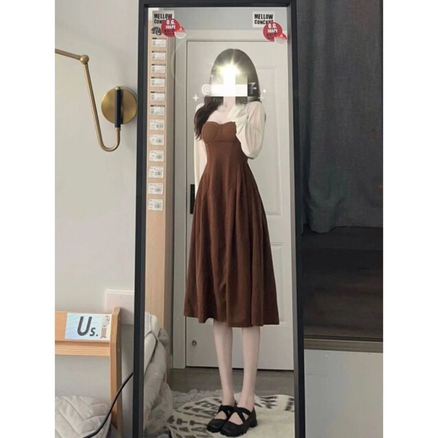 Váy xoè 2 dây màu nâu phong cách tiểu thư  Yame clothing Hàng quảng châu loại