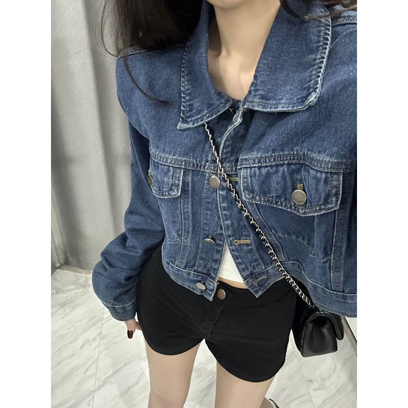 Áo croptop Denim kiểu dáng basic màu xanh NewArrival 2023