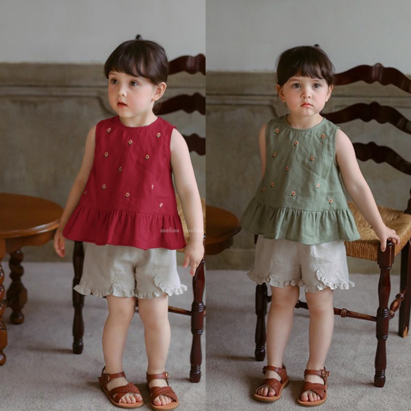Set Melisa thêu hoa linen siêu cute bé gái
