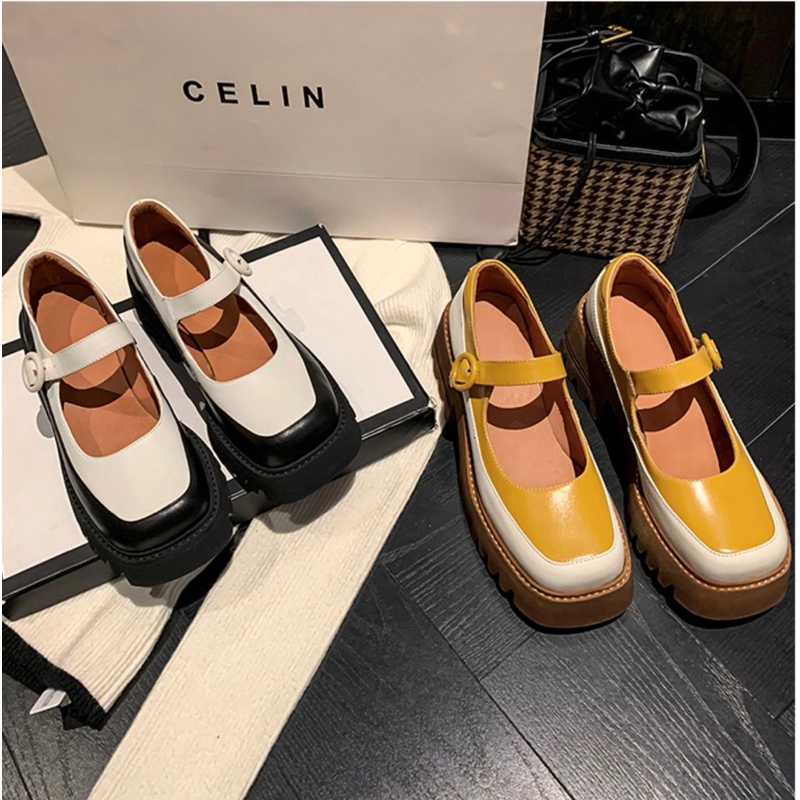 ORDER 🌼 Giày moca mũi vuông phối màu da bò 6cm 34-39