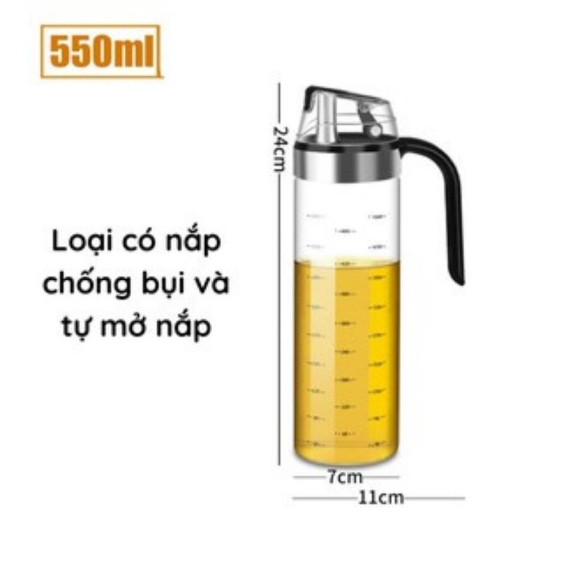 Bình thủy tinh đựng dầu ăn, gia vị nắp đóng mở tự động có tay cầm 550ML