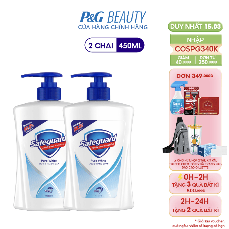 Combo 2 Nước Rửa Tay Safeguard Loại Bỏ 99.9% Vi Khuẩn Trắng Tinh Khiết 450ml/chai