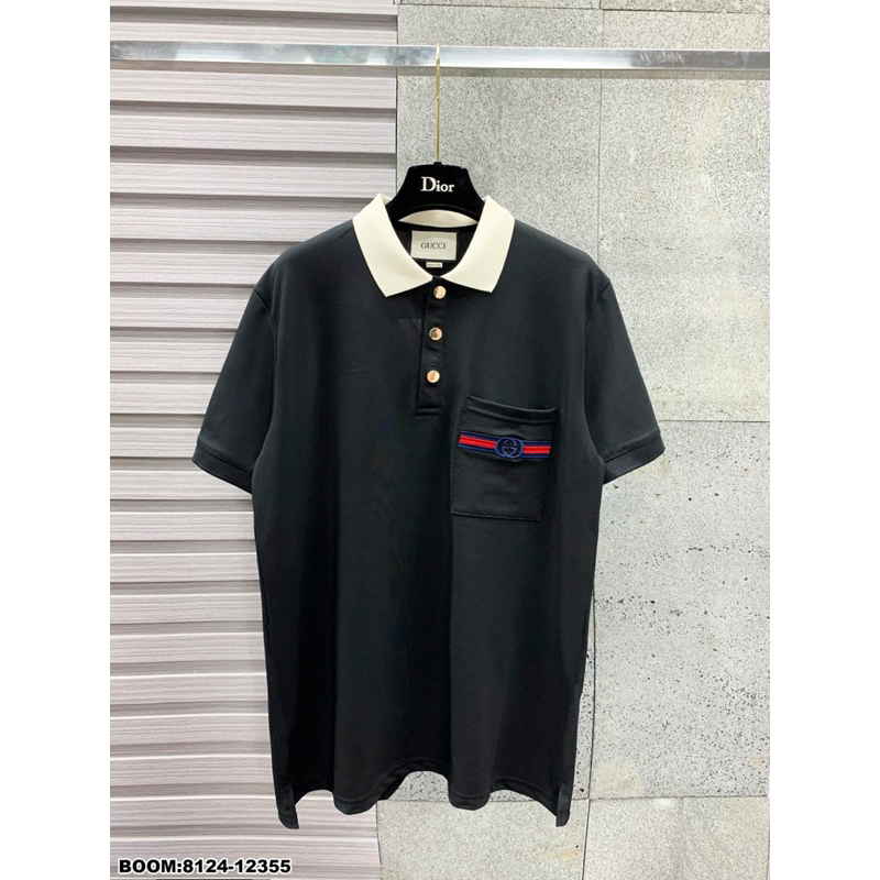 Áo polo nam hoạ tiết túi ngực hot hit cổ xanh kem