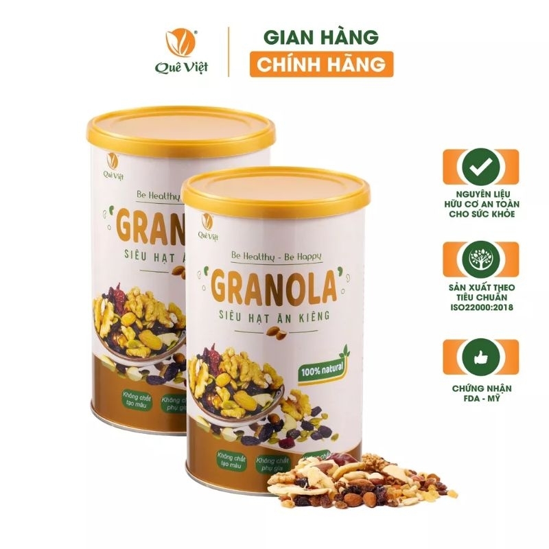 Combo 2 Hộp Granola siêu hạt ăn kiêng Quê Việt 500 gam/ hộp