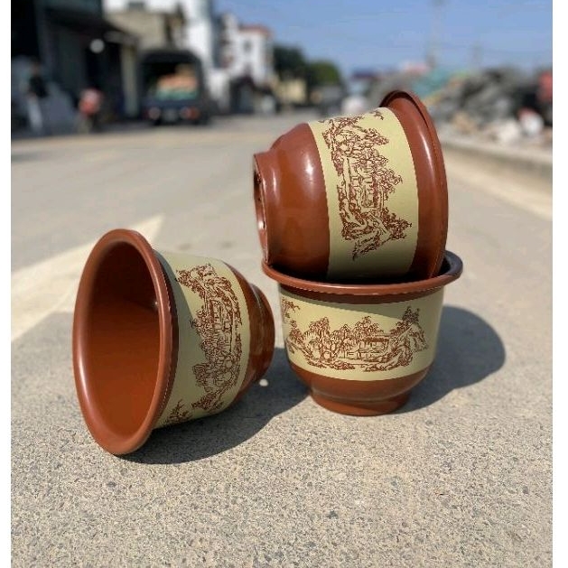 Chậu nhựa giả đất nung siêu nhẹ 4 size_Chậu Vàng H in hoạ tiết siêu xinh, trồng hoa, cây cảnh bao sang