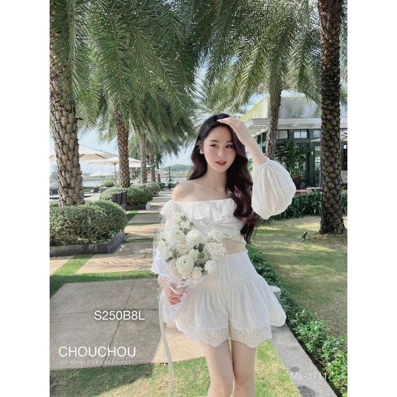 Set Bộ Áo Trễ Vai Croptop Rút Ngực Tay Bồng Kèm Short Ngố Rộng Viền Ren Lưng Chun ,Set Đồ Nữ Đi Biển Siêu Hot