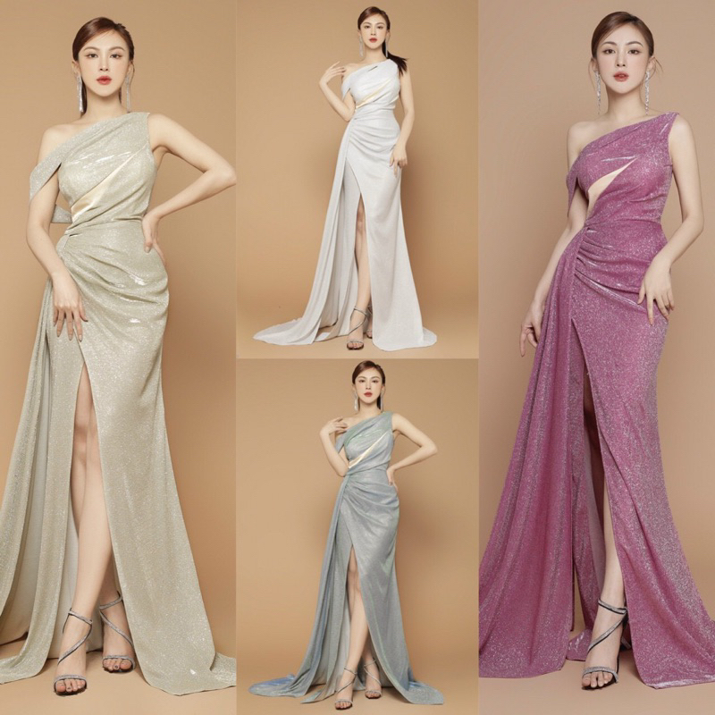 PN56395.. Dạ hội kim tuyến trễ vai nhún tà