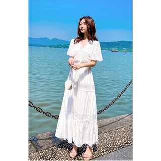 HÀNG NHẬP - ĐẦM MAXI XÔ LỤA TRẮNG PHỐI REN