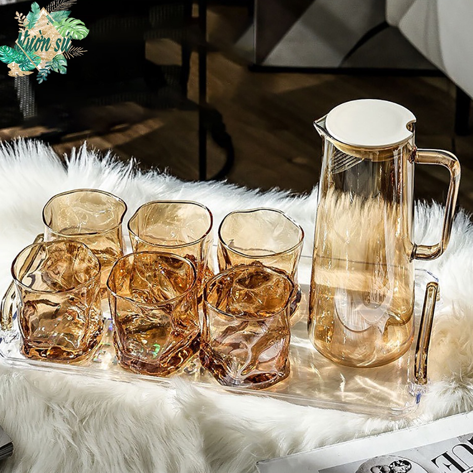 [XẢ KHO] Bình nước thuỷ tinh cao cấp, bộ bình 6 cốc lượn sóng có khay - VS314