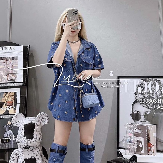 Áo sơ mi jean phối hai túi họa tiết hình gấu tay ngắn hàng đẹp! (kèm hình thật)
