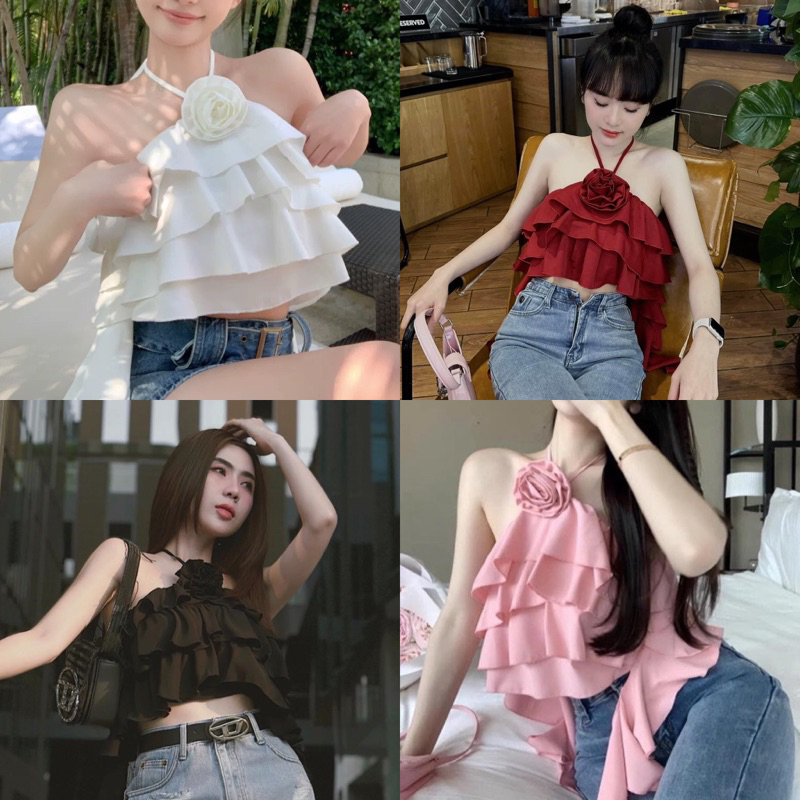 ÁO CROPTOP YẾM HOA BÈO TẦNG (trắng, đỏ, hồng, đen)