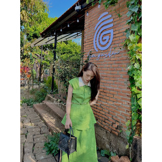 Mie min set linen sơ mi pha cổ + chân váy peplum