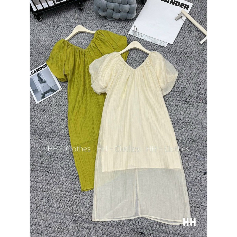 Đầm Đũi Tơ Nhăn Tay Bồng Cổ V Siêu Mát Mã QT028