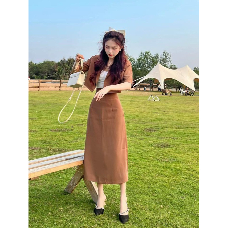 Set 3CT áo vest mix chân váy midi kèm áo quây