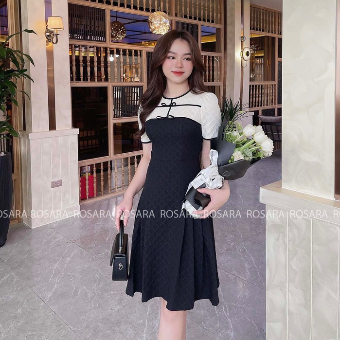 Váy Đầm Đen Ngắn Tay Dáng Xòe Chất Xốp Mặt Nổi Thời Trang Rosara VA36