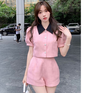  Set đồ nữ 2 món Áo croptop cổ polo tay phồng mix kèm quần short Set quần áo dự tiệc tiểu thư sang chảnh 
