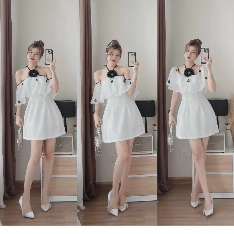 Váy đầm nữ dự tiệc sự kiện đám cưới bèo phối viền cài bông cổ 2 dây ( có mút ) chất cotton phối voan lụa xinh xắn Vip 76