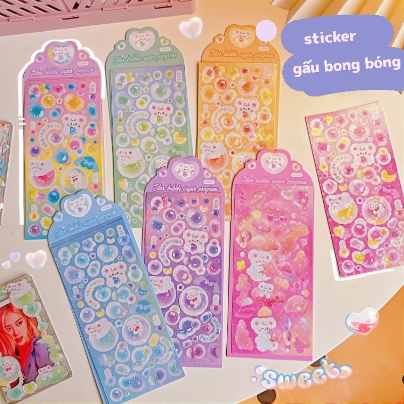 Set 2 tấm hình dán sticker gấu bong bóng bubble bling lấp lánh decor toploader, DIY