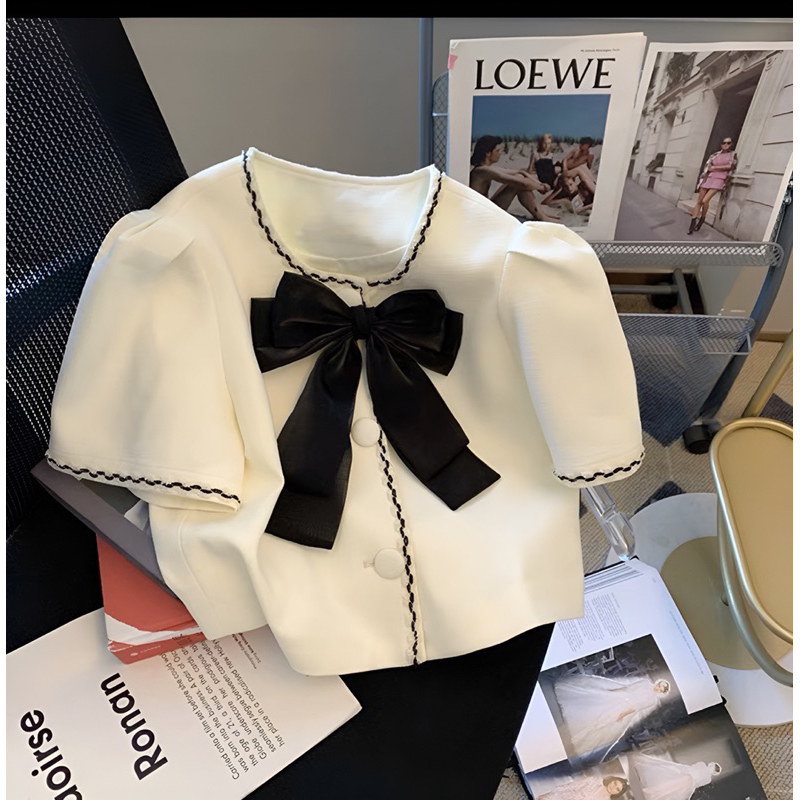 Áo croptop cổ tròn viền zic zắc,áo cổ tròn đính nơ nút ngọc tay ngắn tiểu thư siêu xinh mã QL 29