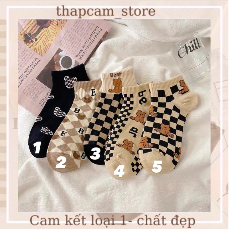 TẤT CỔ NGẮN HOẠ TIẾT CARO THUÊ HÌNH GẤU