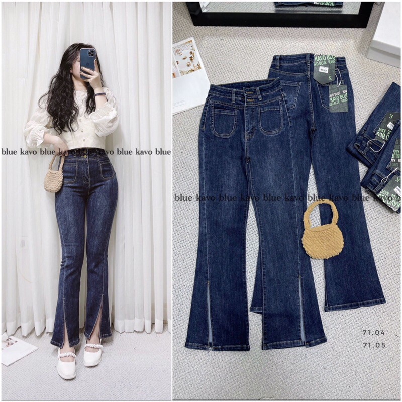 Quần jean ống loe cạp cao gấu xẻ giữa cao cấp phong cách cá tính, KAVO JEANS