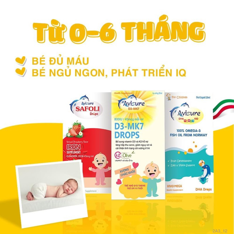 Bộ sản phẩm Avisure bổ sung vi chất toàn diện cho bé D3 MK7 drops DHA smart kid Safoli drops Avisure muno Calkid Kẽm zio