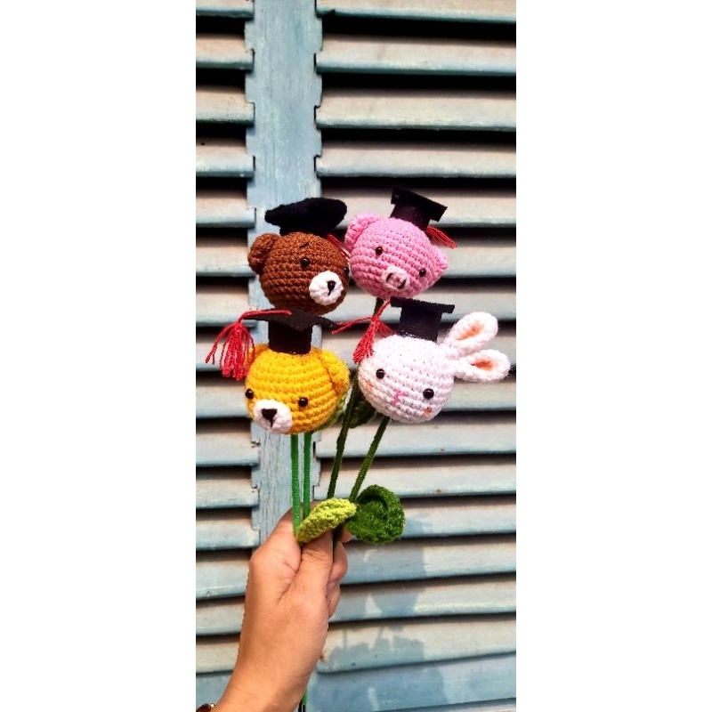 Cành hoa len thú tốt nghiệp + gấu, heo, thỏ, cừu, voi hàng sẵn