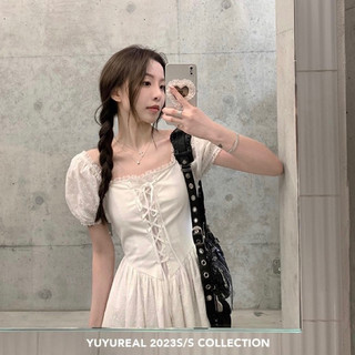 Váy midi cổ vuông tay phồng đan dây ngực eo, hàng Quảng Châu (Có sẵn)