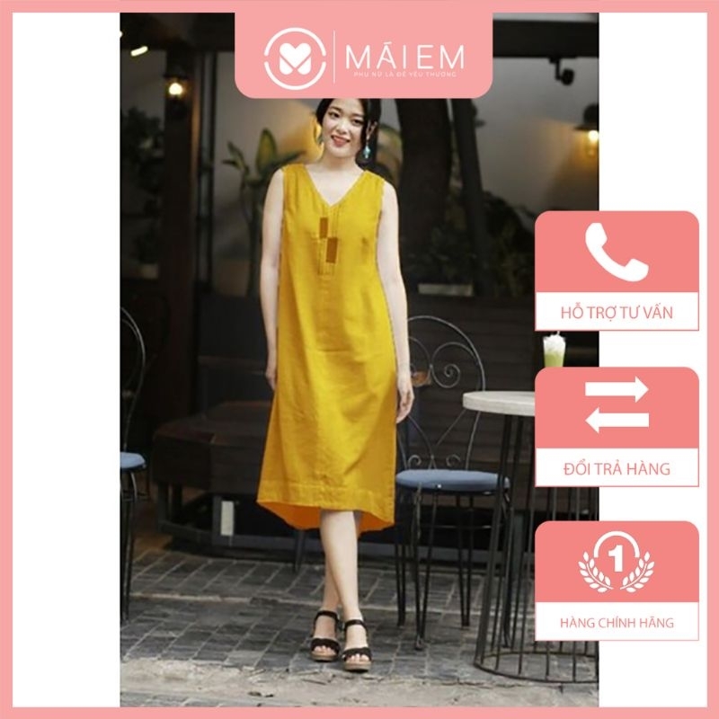Váy ba lỗ màu vàng dáng suông chất liệu Linen thời trang Mái Em_V9108