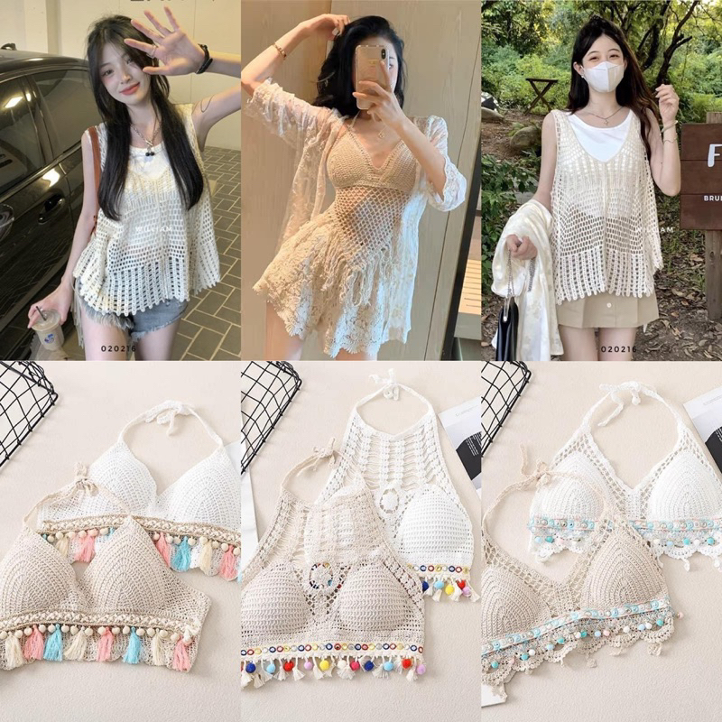 SET ÁO KHOÁC + CROPOP BRA + SHORTS LEN MÓC HOẠ TIẾT ĐI BIỂN Quảng Châu / ÁO BRA LẺ / ÁO LƯỚI BA LỖ