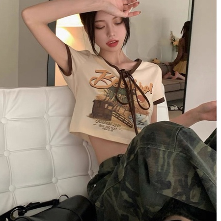 Áo Thun Croptop Tay Ngắn Phối Viền Dây Nơ Dài BEEBRO Cá Tính Sành Điệu